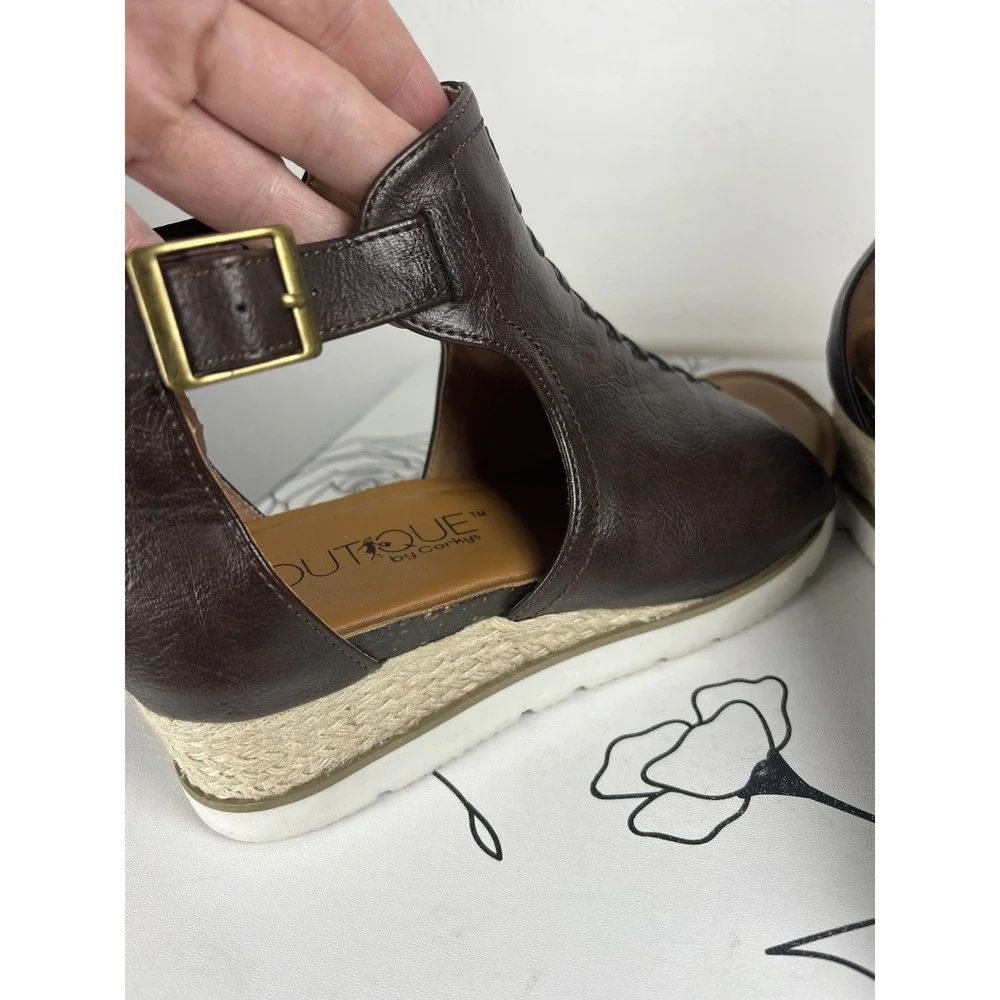 Corkys Boutique Sugar City Brown Leather Espadrille Wedge Zip Up Sandal Size 8
